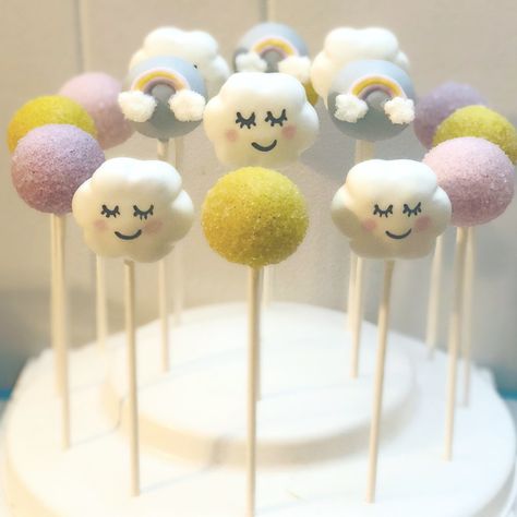 Cloud Cake Pops Cloud 9 Cake Pops, Cloud Cake Pops, On Cloud 9 Birthday Cake, Cloud Theme Cake, Cloud Birthday Cake, Moon Baby Shower Cake, Rainbow Party Food, Cloud Baby Shower Theme, Rainbow Cake Pops