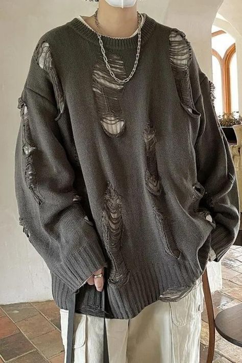 Clothes With Holes Aesthetic, Ripped Knit Sweater Outfit, Ripped Clothing Aesthetic, Tattered Sweater Outfit, Grunge Hoodie Design, Ripped Sweater Outfit Men, Distressed Knitted Sweater, How To Distress Sweaters, How To Distress A Sweater