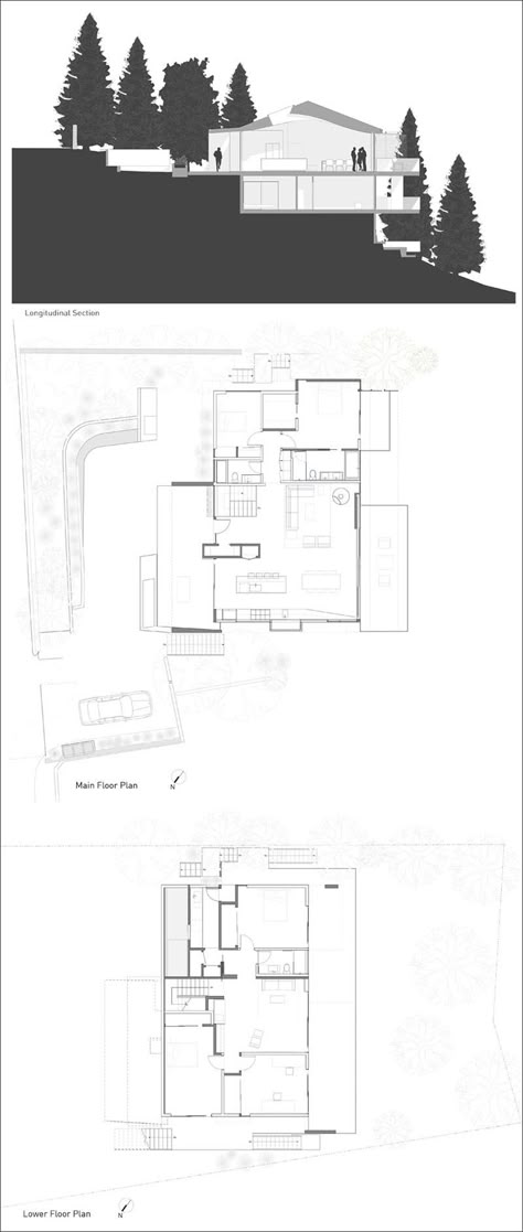 This is the cross section and floor plans of a modern two-level family house that sits on a hill in California. Curved Wood Ceiling, House Built Into Hill, Split Level House Design, House Built Into Hillside, Slope House Design, House On Slope, Sloping Lot House Plan, Modern Family Home, Modern Family House