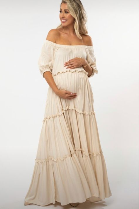 Cream Off Shoulder Ruffle Tiered … curated on LTK Boho Baby Shower Dress, Flowy Maternity Dress, Maternity Picture Outfits, Boho Maternity Dress, Boho Maternity, Trendy Maternity, Shower Outfits, Maternity Dresses For Photoshoot, Maternity Maxi Dress