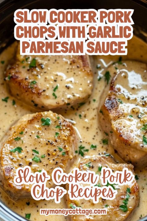 Slow Cooker Pork Chops with Garlic Parmesan Sauce - My Money Cottage Slow Cook Pork Chops, Boneless Pork Chops Crock Pot, Slow Cooker Pork Chops Recipes, Boneless Pork Chop Recipes, Parmesan Pork Chops, Pork Crockpot Recipes, Pork Chop Recipes Crockpot, Slow Cooker Recipes Pork, Tender Pork Chops