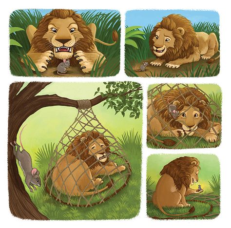 Story Through Pictures, Lion And Mouse Story Pictures Printable, The Lion And The Mouse Story Pictures, Lion And Rat Story Images, Lion And The Mouse Story Images, Lion And Mouse Story Pictures, Story Pictures For Kids, Kids Story With Pictures, Children's Book Illustration Styles