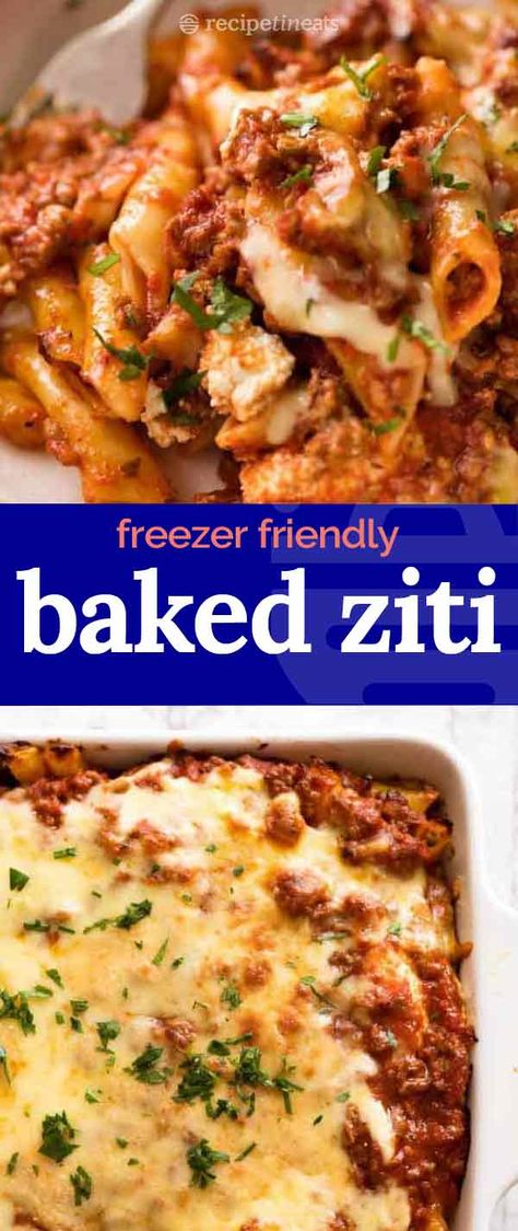 Baked Ziti is so much more than just a Bolognese pasta bake…. It’s a big, juicy baked pasta that’s loaded with flavour from a healthy dose of seasonings and topped with a generous amount of cheese. Cosy food that’s easy enough for midweek yet worthy of company.  Bonus: perfect freezer friendly meal! Freezer Baked Ziti, Ziti Noodles, Cosy Food, Pregnancy Freezer Meals, Bolognese Pasta Bake, Bolognese Pasta, Freezer Dinners, Frozen Pasta, Ziti Recipes