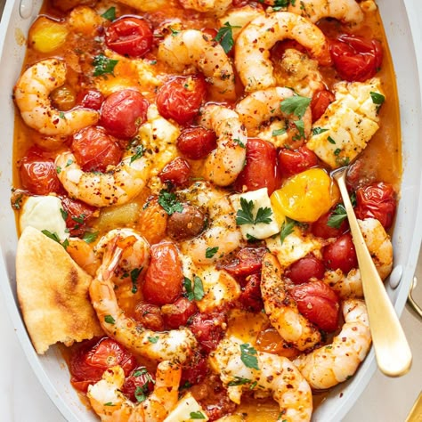 Baked-Feta-Shrimp-with-Tomatoes Feta Shrimp, Salad Appetizer Cups, Cherry Tomato Recipes, Tomato Recipe, Baked Feta, Cherry Tomato Pasta, Greek Lemon Chicken, Roasted Shrimp, Feta Recipes