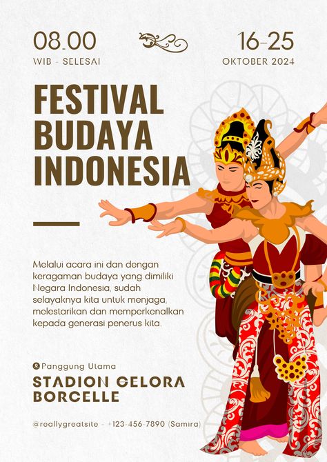 Celebrate the richness of Indonesian culture! Utilize our Brown and White Illustrative Indonesian Cultural Festival Poster design to spread the word. Join us for a vibrant festival experience! Festival Poster Design Events, Cultural Festival Poster, Cultural Event Poster, Event Poster Layout, Festival Poster Design, Indonesian Culture, Fashion Show Poster, Event Poster Design, Cultural Festival