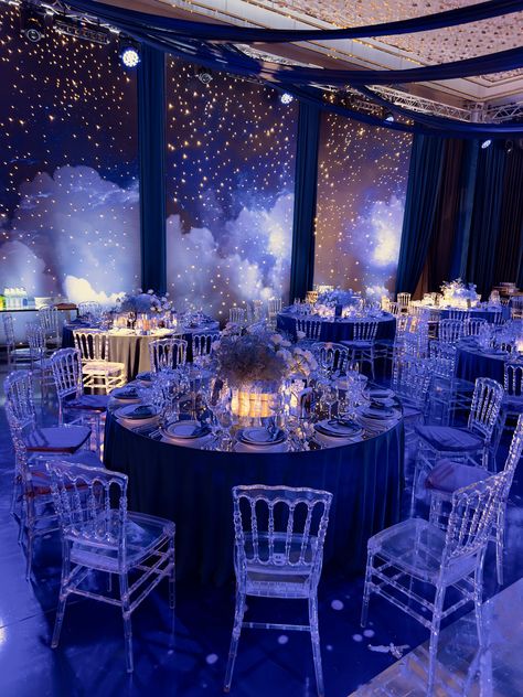 Starry Night Party Theme Decoration, Meet Me At Midnight Theme, Royal Ball Prom Theme, Prom Venue Decoration, Midnight Decorations, Star Quinceanera Theme, Quinceanera Themes Starry Nights, Quinceanera Winter Wonderland Theme, Navy Blue Quinceanera Theme