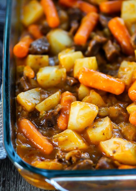 This Oven Baked Stew is a hearty meal all in one pan. Filled with carrots, potatoes and tender stew meat, this dinner will win hearts all around the table! Beef Stew Baked In Oven, Baked Stew Meat, Beef Stew Meat Recipes Oven, Diced Beef Recipes Quick, Meals With Stew Meat, Oven Baked Stew, Baked Stew, Oven Baked Beef Stew, Oven Stew