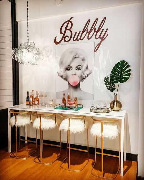 Fun, feminine bar we designed for a client Womans Cave Room, Spa Bar Ideas, Studio Apartment Ideas For Ladies, Champagne Bar Interior, Feminine Game Room, Girly Home Bar, Champagne Lounge Ideas, Girly Bar Ideas, Champagne Room Ideas