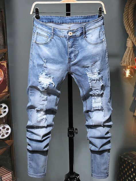 Men's Distressed Water Washed Jeans Slim Fit Long Ripped Frayed Jean Cargo Plain Light Blue Going Out Rock And Roll Friends Light Wash    Denim Plain Skinny High Stretch  Men Clothing, size features are:Bust: ,Length: ,Sleeve Length: Denim Jeans Outfit Men, Long Tattoo, Shen Long Tattoo, Woods Outfit, Swag Fits, Painted Clothes Diy, Jeans Outfit Men, Jeans Mens, Pocket Jeans