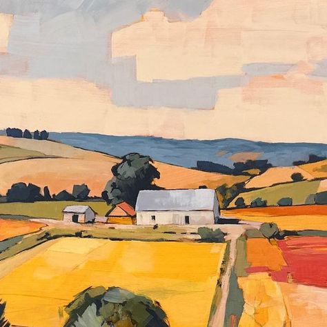 People In Landscape Paintings, Simplified Landscape Painting, Painting With Acrylics On Canvas, Cezanne Landscape, Cezanne Paintings, Patchwork Fields, Lofi Animation, Acrylic Landscape Paintings, Classical Landscape