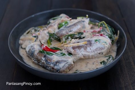 Ginataang Mackerel Mackerel Recipe, Canned Mackerel, Roasted Pork Belly, Fish Cakes Recipe, Mackerel Recipes, Mackerel Fish, Filipino Style, German Potato Salad, Coconut Sauce