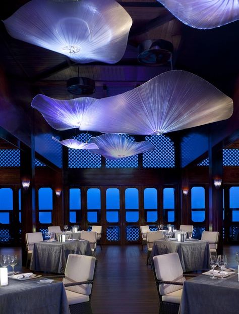 Pierchic Restaurant at the Al Qasr Hotel, Madinat Jumeirah, Dubai designed by Creative Kingdom Inc, Interior by Khuan Chew of KCA International Madinat Jumeirah, Bar In Casa, Design Café, Luxury Restaurant, Restaurant Lighting, Dubai Hotel, Bar Interior, Lighting Design Interior, Cafe Interior Design