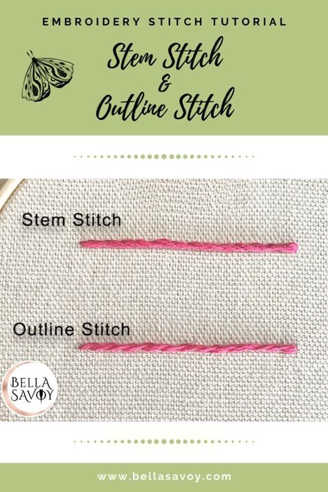 Stem Stitch and Outline Stitch Tutorial — Bella Savoy Contour Stitch Embroidery, Embroidery Fill In Stitches, Hand Embroidery Outline Stitch, Best Embroidery Stitch For Outline, How To Outline Stitch Embroidery, How To Outline Embroidery, Contour Embroidery Stitch, Outline Stitch Embroidery Tutorial, Cross Stitch Outline