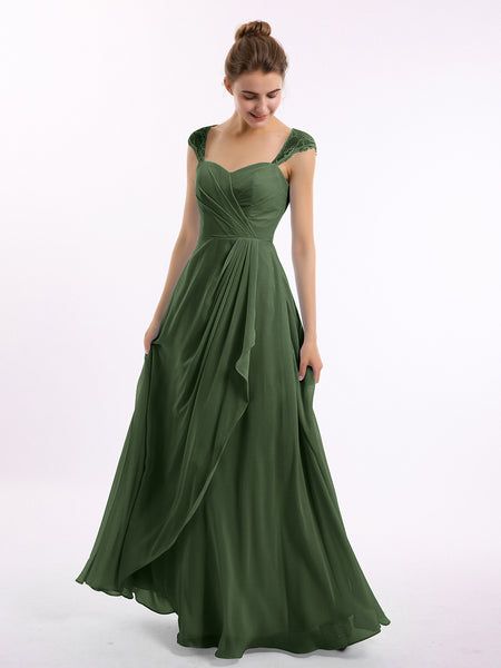 Bridesmaid Dresses Enchanted Forest, Bridesmaid Dresses Back Design, Dark Green Chiffon Dress, Moss Green Prom Dress, Save Green Bridesmaid Dress, Green Prom Dress Flowy, Muted Bridesmaid Dresses, Elegant Bridesmaid Dresses With Sleeves, Dark Sage Green Bridesmaid Dresses