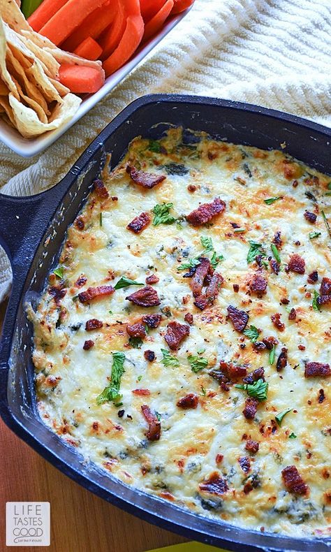 Cheesy Kale and Bacon Dip | by Life Tastes Good is a tasty mix of cheeses, kale, bacon, and a splash of wine for that little extra somethin' somthin' . This appetizer dip is delicious served hot or cold and goes great with vegetables, chips, crackers, you name it! It is a real winner with the added bonus of having good-for-you kale mixed in. Vegetables Chips, Kale Dip, Savory Dips, Bacon Dip, Kale Recipes, Best Comfort Food, Tapenade, Yummy Dips, Best Appetizers