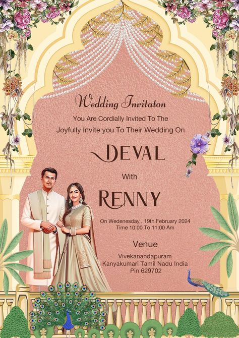 Wedding Card Maker, Creative Wedding Invitations Design, Card Reference, Wedding Illustration Card, Invitation Card Maker, Royal Wedding Invitation, Marriage Card, Caricature Illustration, Shadi Card