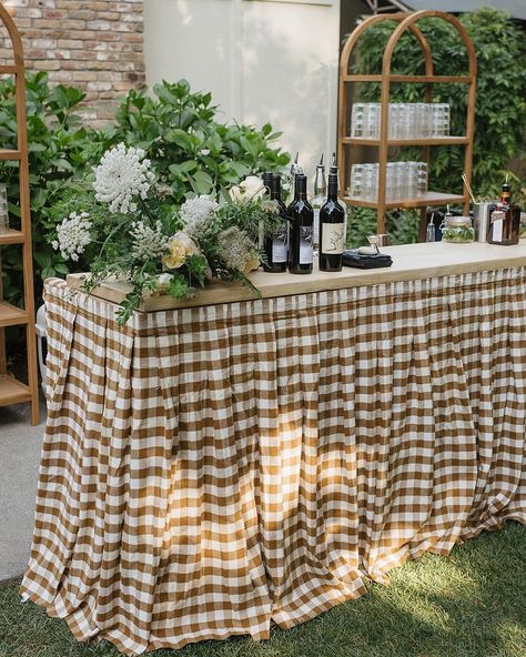 A+B Wedding • Instagram Banquette Table Ideas Wedding, Bistro Tables Wedding, Gingham Theme Party, Wedding Bar Table Decorations, Elevated Bbq Wedding, Bbq At Wedding, Backyard Barbeque Wedding, Wedding Shower At Home, Croquet Garden Party