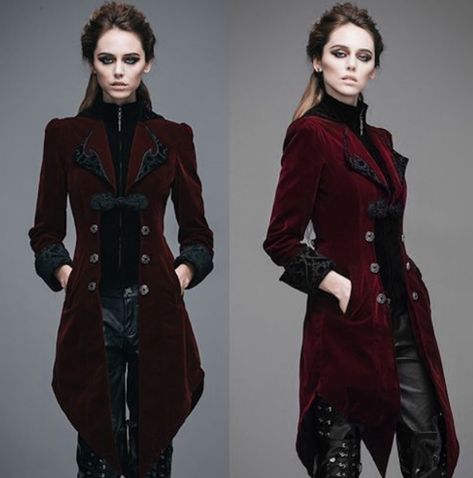 Gothic Fashion Dresses, Gothic Subculture, Crimson Moon, Gothic Fashion Victorian, Button Embroidery, Gothic Coat, Mode Hippie, Tuxedo Style, Velvet Coat