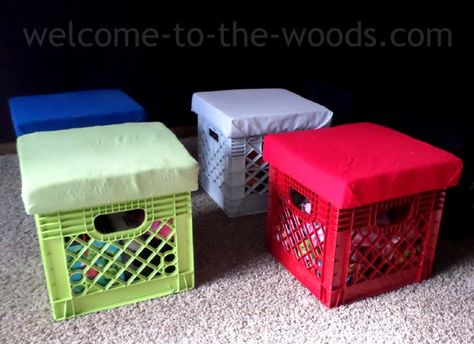 I am excited to share with you my most recent DIY project that turned milk crates into some of the most functional little things in my house. I found these old… Crate Stools, Toy Storage Ideas, Rec Rooms, Diy Toy Storage, Colorful Playroom, Diy Crate, Plastic Crates, Milk Crate, Milk Crates