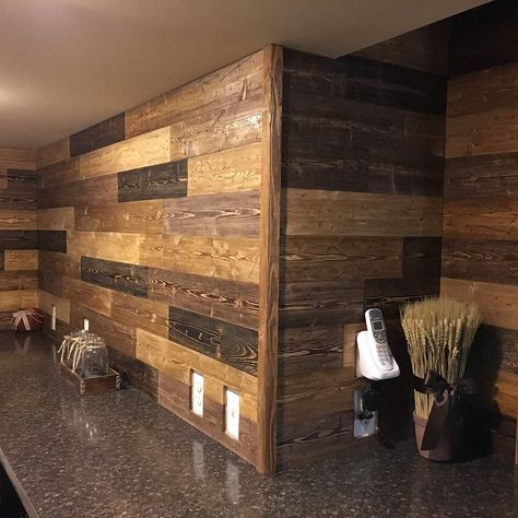 DIY Pine Accent Wall Replacing Paneling Walls, Plywood Wall Ideas, Plywood Walls Ideas, Carsiding Walls, Stained Plywood Walls, Pine Accent Wall, Bathroom Wood Wall, Traditional Wainscoting, Wallpaper Family