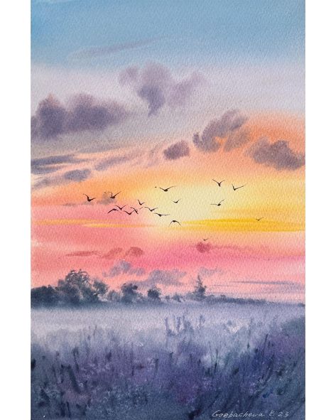 💚 Watercolor by Eugenia Gorbacheva (@homelike_art) • Instagram photos and videos Dawn Watercolor Painting, Watercolor Sunset Landscape, Watercolour Painting Inspiration, Watercolour Sky Painting, Watercolor Paintings Sky, Watercolour Scenery Painting, Aquarelle Painting Landscape, Watercolor Sunset Easy, Watercolor Illustration Landscape