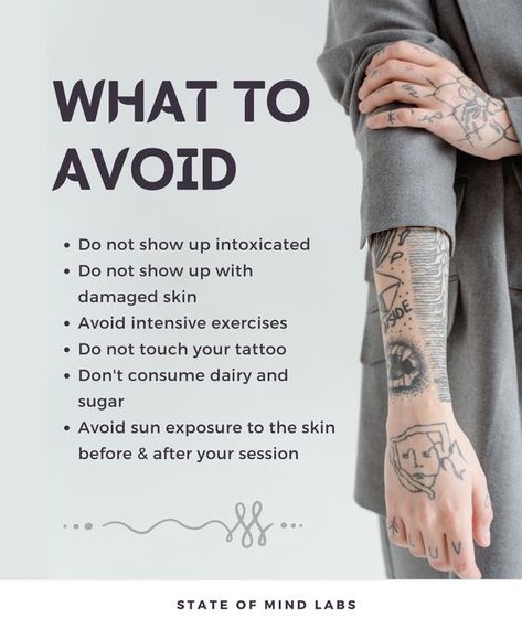 1050 Guidelines on what to avoid for tattoo care: intoxication, damaged skin, exercise, sun exposure, dairy, and touching tattoos. | Sky Rye Design Fixing A Bad Tattoo, How To Prepare For A Tattoo, Things To Know Before Getting A Tattoo, What To Do Before Getting A Tattoo, Tattoo Preparation Tips, Tattoo Knowledge, Tattoo Preparation, Tattoo Learning, Tattoo Artist Tips