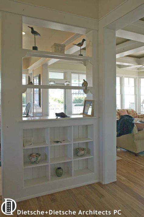 Cottage by the Sea | dietsche Half Wall Room Divider Ideas, Internal Window Between Rooms, Column Kitchen, Half Wall Kitchen, Half Wall Room Divider, Half Wall Ideas, Ny House, Kitchen Pass, Banquette Dining