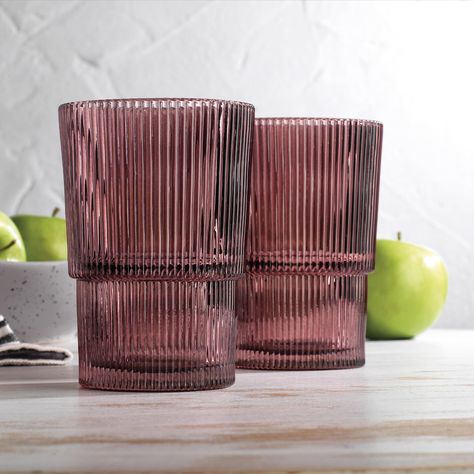 PRICES MAY VARY. Stylish Design: Ribbed and stackable origami-style glasses for a modern look. Versatile Use: Perfect for iced coffee, juice, smoothies, soda, wine, and cocktails. Generous Capacity: Each glass holds 15.38 oz (454 ml) of your favorite beverage. Durable Material: Stain-resistant and shatter-resistant for long-lasting use. Set of 4: Includes four pink-colored drinking glasses for easy entertaining. Elevate your beverage experience with the Glaver's Merlot Ribbed Drinking Glasses Se Drinking Glasses Aesthetic, Pretty Drinking Glasses, Vintage Glass Cups, Colored Drinking Glasses, Modern Wine Glasses, Drinking Glasses Set, Drink Glasses, Drinkware Sets, Style Glasses