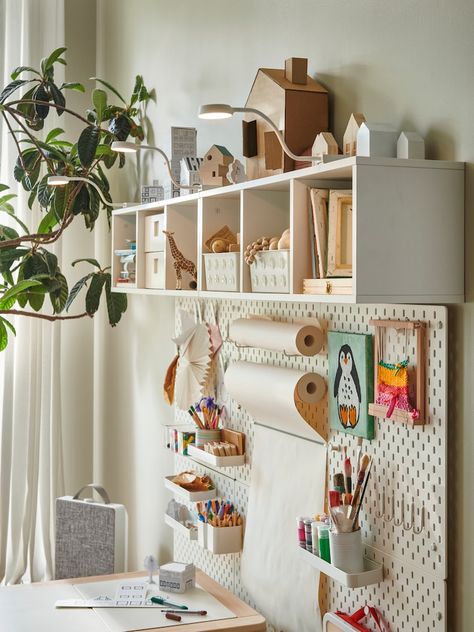 Small storage ideas all over your home - IKEA Craft Storage Ideas Kids, Childrens Craft Storage, Ikea Kids Art Station, Kids Art Corner Ideas, Kids Storage Ideas For Small Spaces, Playroom With Desk, Ikea Childrens Room, Ikea Study Room Ideas, Small Children Room Ideas