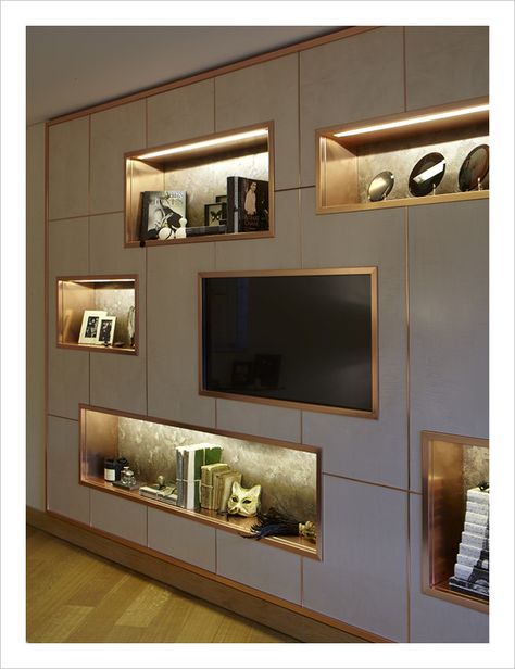 Joinery Tv Unit In Niche Wall, Hidden Shelves In Wall, Lcd Unit, Project Furniture, Undercabinet Lighting, Niche Wall, Wooden Panelling, Unit Design, Shelf Lighting