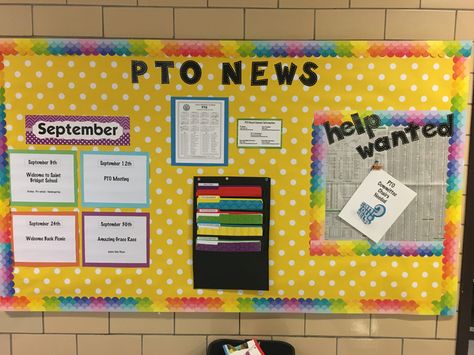 This is my first bulletin board as PTO President.  I looked at Pinterest for ideas and this is what we came up with.  We want to highlight the coming events.  Have folders for important forms and then Help Wanted.  This was so much fun and I thank everyone for sharing their ideas. Information Bulletin Board Ideas, Parent Bulletin Boards, Information Bulletin Boards, School Event Ideas, Pto Bulletin Board, Pta Bulletin Boards, Pto Mom, Pto Meeting, Pta Board