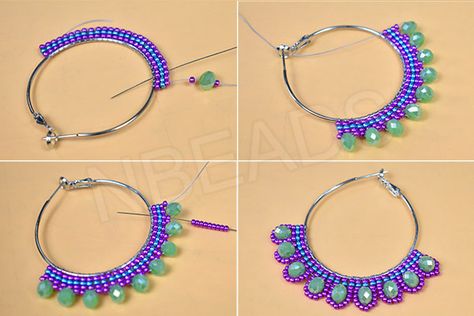 Seed Beads Hoop Earrings, Beading Hoops Tutorial, Hoop Earring Designs, Quick Beaded Earrings, Beaded Hoops Tutorial, How To Make Beaded Hoop Earrings Tutorials, Beaded Hoop Earring Tutorial, Beading Hoop Earrings, Seed Bead Hoop Earrings Tutorial