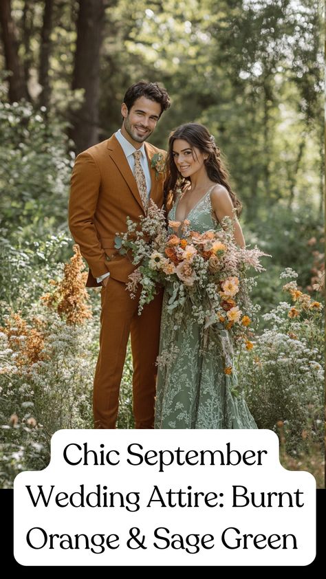 Bride in a sage green dress with burnt orange florals, and groom in a burnt orange suit with sage green accents, perfect for a chic September wedding. Burnt Orange And Olive Green Wedding Bridesmaid Dresses, Burnt Orange And Sage Green Wedding Theme, September Wedding Dresses Bride, Sage Orange Wedding, Sage Green Burnt Orange Wedding, Sage And Orange Wedding, Sage Green And Burnt Orange Wedding, Orange And Sage Green Wedding, Rust And Green Wedding