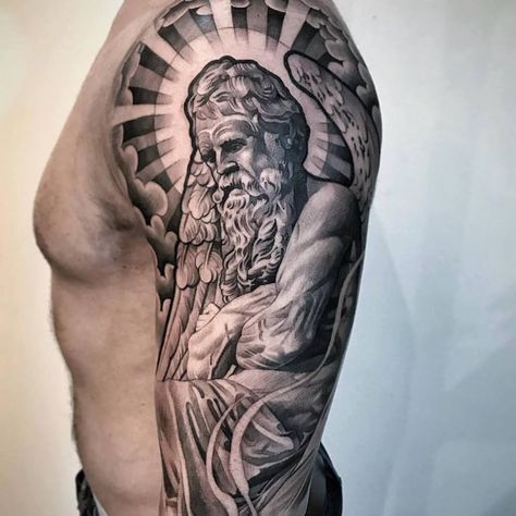 Greek Statue Tattoos For Men, Greek Statue Head Tattoo, Saint Michael Tattoo Full Sleeve, God Portrait Tattoo, Greek Statue Sleeve Tattoo, Lil B Tattoo, Chest Tattoo Birds, Chicago Tattoo, Astronaut Tattoo