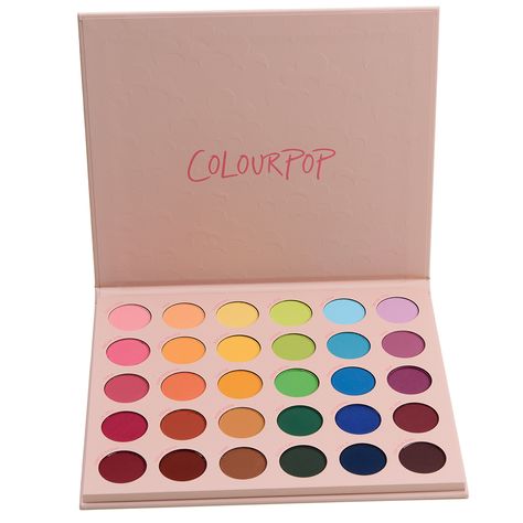 ColourPop Matte About Hue 30-Pan Shadow Palette ($34.00 for 0.92 oz.) is a new, all-matte eyeshadow palette that features an array of brighter, but somewhat desaturated (not quite neon), shades across pink, orange, yellow, green, blue, and purple (well, more plum). The quality was consistent with ColourPop's matte formula: lightly powdery at times but pigmented, blendable, and easy enough to work with. I didn't find any duds in the palette; there were a few shades that had to be built up in pigm Eyeshadow Palette Colourpop, Colorful Palette Eyeshadow, Colored Eye Shadow, Colour Pop Palette, Colorful Makeup Pallets, Colour Pop Eyeshadow Palette, Color Pop Eyeshadow Palette, Colorpop Eyeshadow Pallets, Make Up Palettes