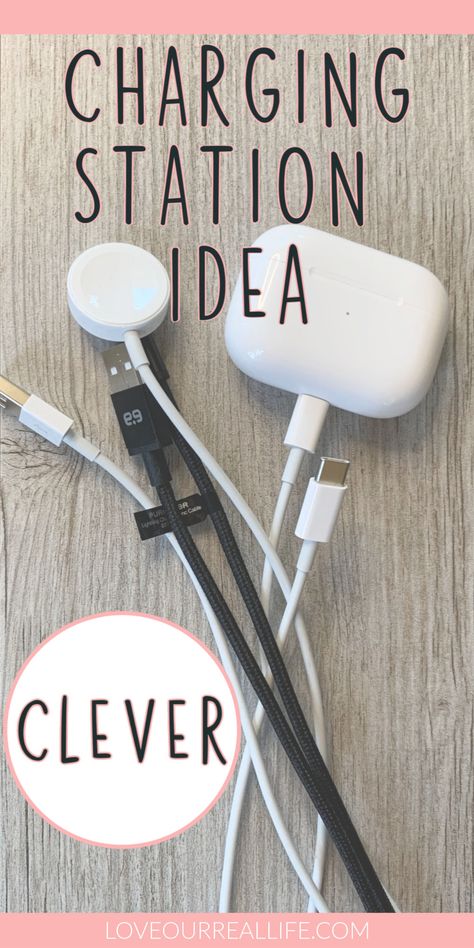 Clever Charging Station Idea: Hide the Cords. Do you have cords EVERYWHERE for the kids and your electronic devices? This simple solution will help keep your cords neat, tidy, and out of site! Wall Charging Station Diy, Electronic Charging Station Diy, Device Storage Charging Stations, Kitchen Counter Electronics Organization, Organized Charging Station Diy, Rv Charging Station Ideas, Charging Area In Home, Electronics Drawer Organization, How To Hide Phone Charger Cords