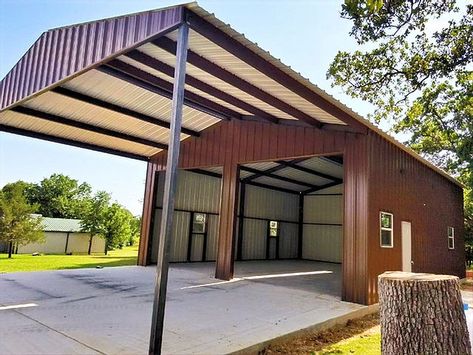 Carport Shop Ideas, Metal Buildings Workshop, Shop Addition Ideas, Metal Building With Carport, Metal Shop With Carport, Metal Shop With Porch, Welding Workshop Ideas, Metal Building Shop Ideas, Metal Shop Ideas