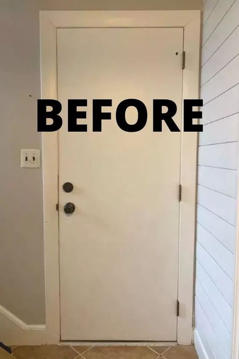 See how she gave her old plain interior door an update for cheap with this quick DIY door upgrade. How to add trim to interior door. Add Trim To Plain Door, Upgrade Flat Doors, How To Paint Old Doors, Update Plain Interior Doors, Hollow Core Doors Makeover, How To Add Trim To Doors, Update Flat Doors, Painting Doors And Trim Different Colors, Interior Garage Door Makeover