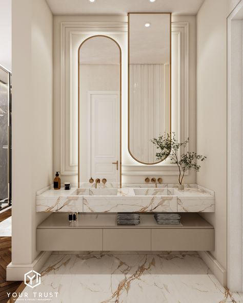 Modern Vanity Designs For Bathroom, Elegant Marble Bathroom, Luxury Interior Design Bathroom, Modern Vanities Bathroom, Mirror Designs On Walls, Luxury Master Bathrooms Mansions, Bathroom With 2 Toilets, Taj Mahal Bathroom Countertops, Vanity Design Modern