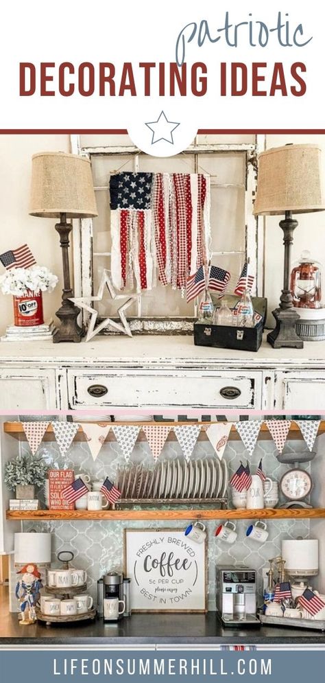 Outdoor Americana Decor, Diy Red White And Blue Decor, Americana Table Decor, Patriotic Office Decor, Americana Mantle Decor, Red White And Blue Home Decor, Coastal Americana Decor, Vintage Flag Decor, Rustic 4th Of July Decor