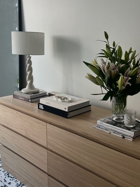 Malm Dresser Styling, Dresser Room Decor, Malm Dresser Aesthetic, Dresser Aesthetic Decor, Malm Dresser Ideas, Ikea Malm Dresser Decor, Ikea Malm Dresser Bedroom, Books On Dresser, Malm Dresser In Living Room