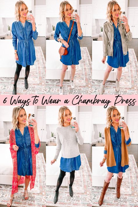 Chambray Shirt Dress Outfit, Denim Shirt Dress Outfit, Denim Dress Winter, Chambray Dress Outfit, Shirt Dress Outfit Fall, Jeans Dress Outfit, Denim Dress Fall, How To Wear Shirt, Shirt Dress Fall