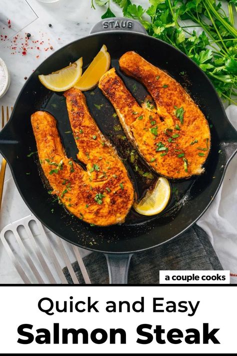 This easy salmon steak recipe makes perfectly seasoned, tender steaks! Shower with spices and spritz with lemon for a standout meal. Pop over to our site for the recipe! Salmon Steak Marinade, Salmon Stakes Recipes, Salmon Steak Recipes, A Couple Cooks, Seafood Diet, Vegan Recipes Plant Based, Salmon Steak, Couple Cooking, Salmon And Rice