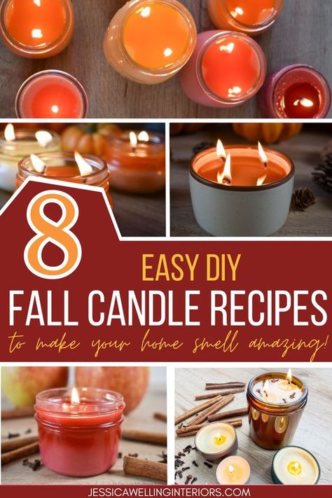 Make your home smell amazing with these easy Fall candle tutorials! From pumpkin spice to apple cider to beeswax and spiced pear! Fall Diy Candles, Fall Candle Crafts, Diy Fall Scented Candles, Homemade Fall Candles, Diy Scented Candles Recipes, Homemade Candle Recipes, Candle Recipes, Fall Scented Candles, Fall Candles Diy, pumpkin spice candles Candle Making Fall Scents, How To Make Fall Scented Candles, Aromatherapy Candle Recipes, Homemade Fall Candles Diy, Candle Smell Recipes, Candle Filler Ideas, Pumpkin Spice Candle Diy, Decorating With Oil Lamps, Candle Making Recipes Homemade