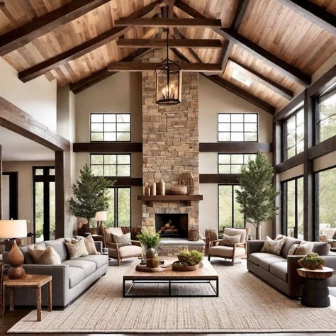 Mountain Lodge Home Decor, Rustic Modern House Interior, Mountain House Design Architecture, Nature Inspired Home Interior, Aspen Interior Design, Cozy Living Rooms With Color, Modern Rustic Design Interiors, Chalet Living Room Ideas, Mountain Rustic Decor