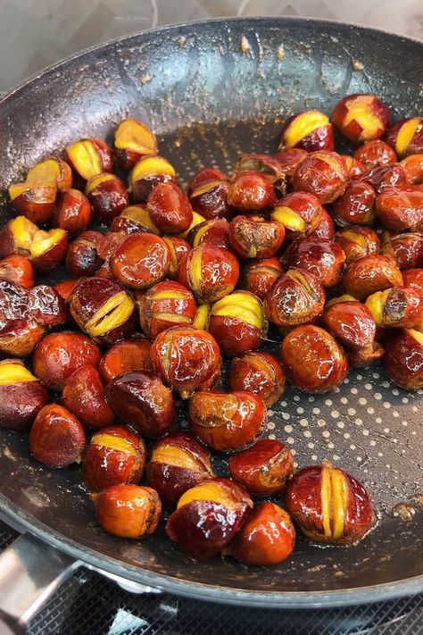 Roasted Chestnuts (Pan Roasted with Butter & Sugar) | Recipes Roasted Chestnuts Recipes Fire, Chestnut Baked, Fresh Chestnut Recipes, Roasting Chestnuts Recipe, Yuletide Food, Roasting Chestnuts In Oven, How To Roast Chestnuts At Home, Chestnuts Roasting, Chestnuts Recipes