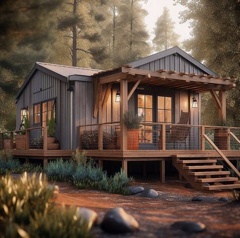 Beautiful Tiny Home in the Woods 😍 - Cabin in the Woods Tiny House In The Woods, Homes With Wrap Around Porches, Mother In Law Cottage, Home In The Woods, Little Cabin In The Woods, Shed To Tiny House, House Shed, Outdoor Bathrooms, Little Cabin