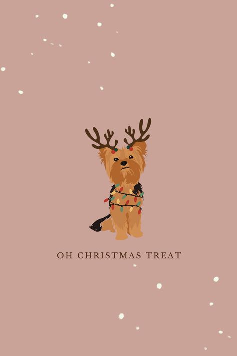 dog wallpaper on pink/grey background. dog has antlers and christmas lights. caption says 'oh christmas treat.' snow effect is on the picture. Cute Dog Halloween Wallpaper, Goldendoodle Wallpaper Iphone, Dog Christmas Aesthetic, Dog Procreate Art, Puppies First Christmas, Christmas Dogs Aesthetic, Christmas Dogs Wallpapers, Christmas Dog Background, Christmas Wallpaper Cute Aesthetic