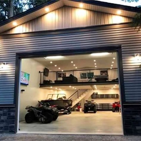 Atv Storage Ideas, Dirt Bike Garage, Atv Garage, Barn Man Cave, Garage Man Cave Ideas, Garage Hangout, Atv Storage, Small Man Cave, Bicycle Garage