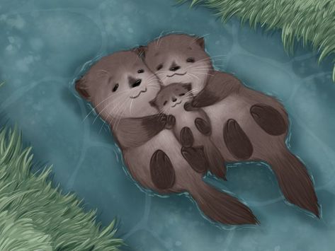 Cute Otters Drawing, Otter Family, Otter Drawing, Baby Sea Otters, Otter Illustration, Otter Art, Family Drawing, Family Painting, Baby Drawing